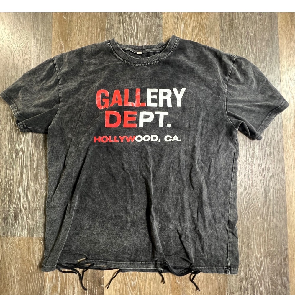 Gallery Dept Graphic Tee Mens XL Black Acid Wash Distressed Hollywood CA